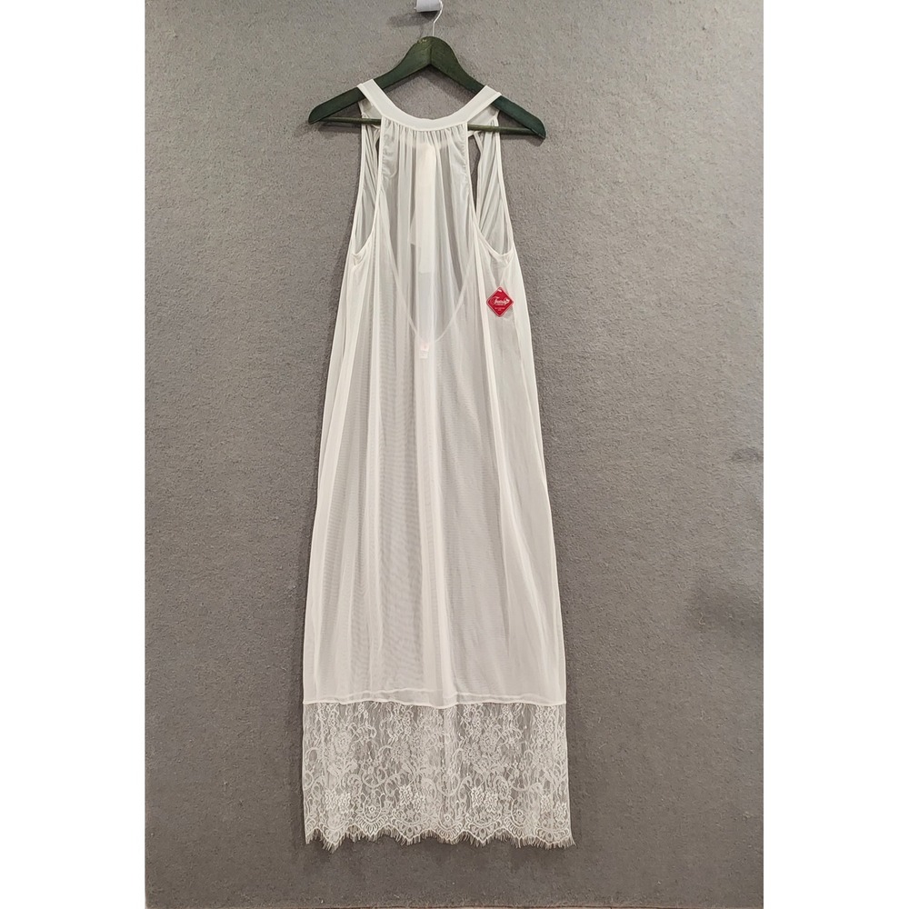 Fantasy Lingerie White Sheer Mesh Lace Hem Maxi Nightgown Halter Tie Back OS NWT